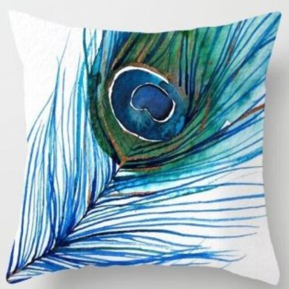 Blue Peacock Feather Pillow Cover - Picture 1 of 4